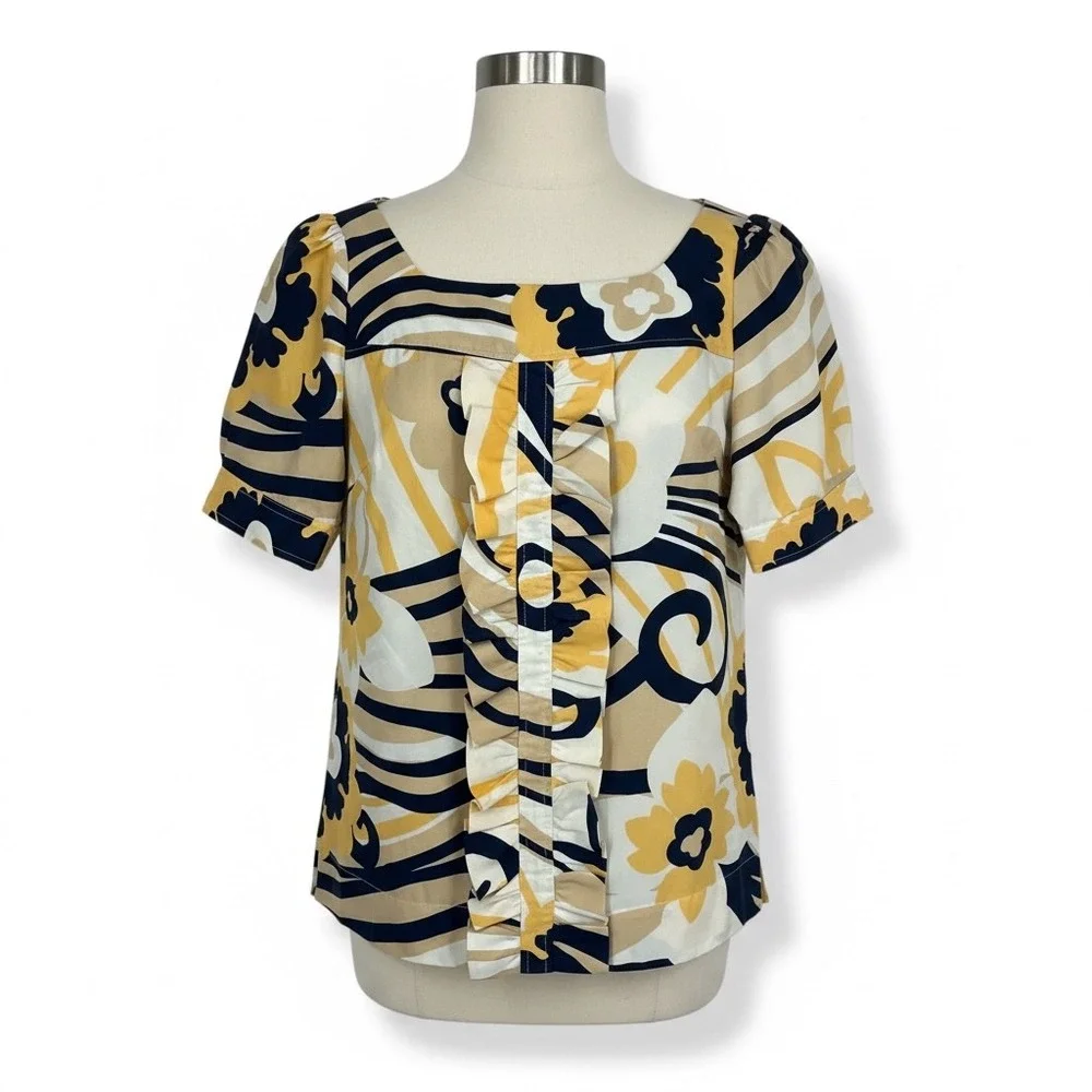 Lilly Pulitzer Silk Floral‎ Print Short Sleeve Ruffle Blouse Women Size 2